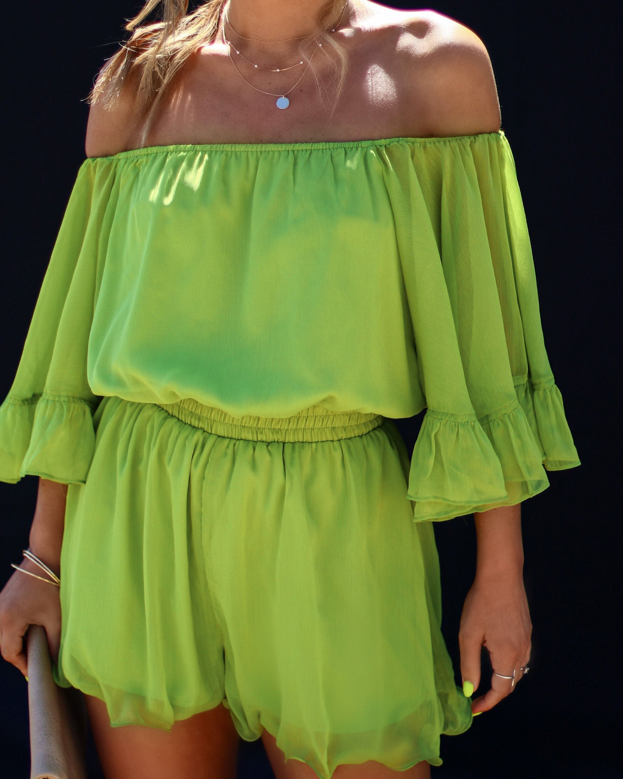 Definitely Demure Off The Shoulder Chiffon Romper