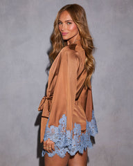 Soft Ember Wrap Lace Mini Dress
